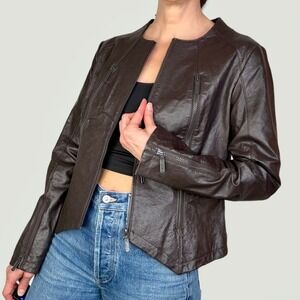 Berek Brown Ostrich Embossed Leather Jacket Textured Leopard Lining 90s Y2K M